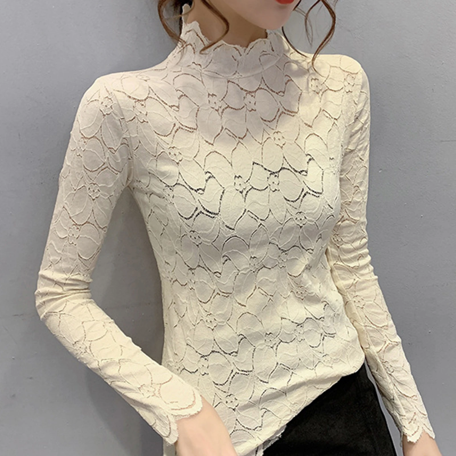 Женская Осенняя Прозрачная облегающая блузка с длинным рукавом и высоким