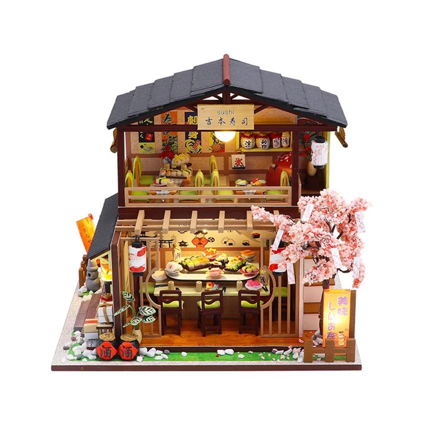 

Doll House Model Building DIY Miniature Furniture Kits 3D Creativity Roombox Best Girl For Gift Mini Dollhouse Toys Sushi Place