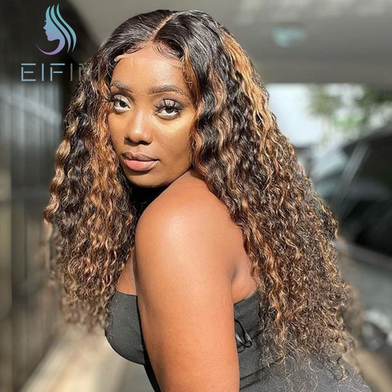 

#4/27 Color Highlight T Part Lace Human Hair Wigs Glueless Malaysian Curly Honey Blonde Highlight Wig Pre Plucked WIth Baby Hair