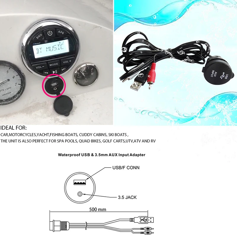 

Waterproof Marine Bluetooth Stereo Audio Radio FM AM Media Receiver Car MP3 Player+Boat USB Cable For Yacht ATV Pool Motorcycle