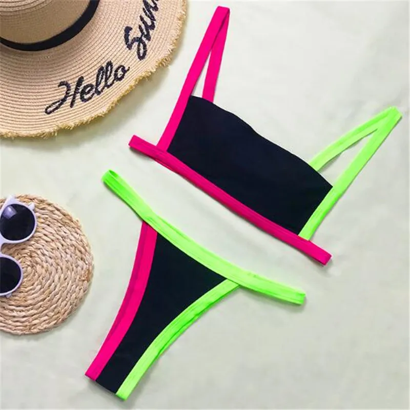 

New Sexy 2021 Bikini Print Bandage Swimsuit Fluorescent Color Push Up Low Waist Bathing Suit Women Summer Beachwear Swimwear