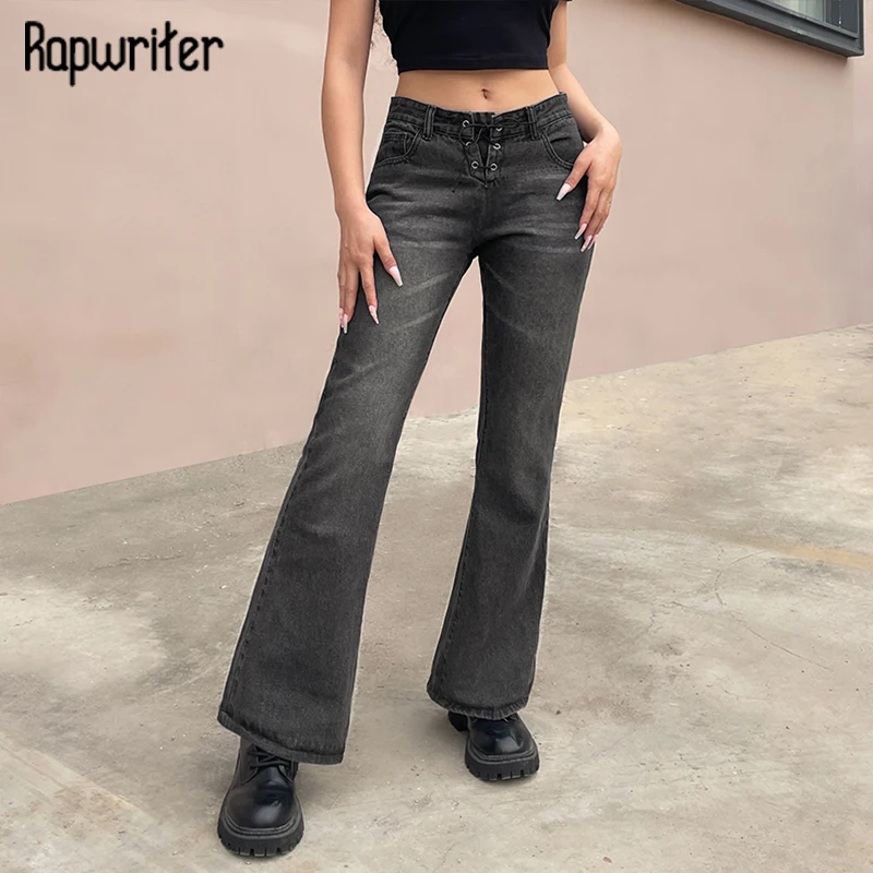 

Rapwriter Y2K Gray Jeans Casual Drawstring Low Waist Pants Retro Fashion Women Flare Pants 2021 Streetwear Harajuku Denim Pants