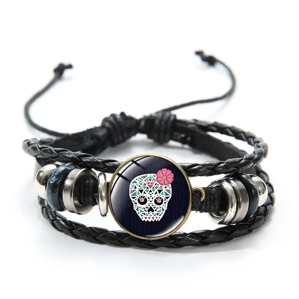 SIAN Sugar Skull Flower Photos Glass Gem Bracelet Day of The Dead Mexican Festival Celebrate Charm Multilayer Leather Bracelets | Украшения