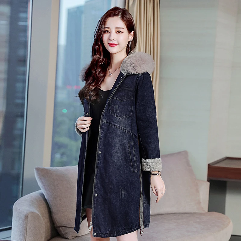 2019 зима осень женский джинсовый плащ синяя куртка джинсы Длинная ветровка