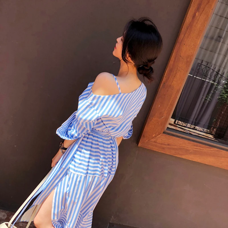 GALCAUR Полосатое кружевное платье для женщин асимметричный воротник с открытыми