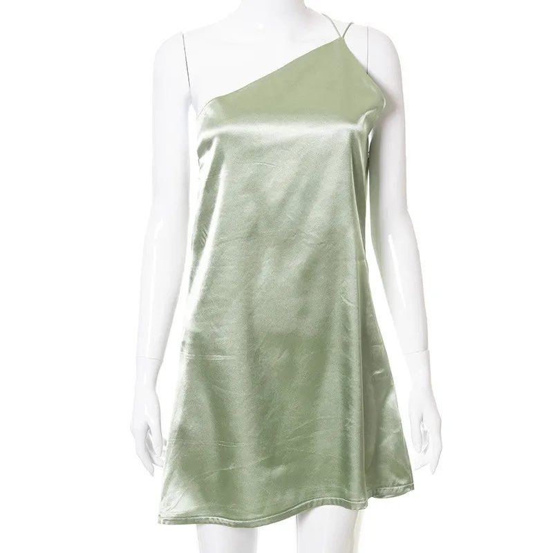 

2021 Summer MIni Straight Dress Women One Shoulder Fashion Solid Satin Backless Sexy Clubwear Party Female Dress Robes Vestidos
