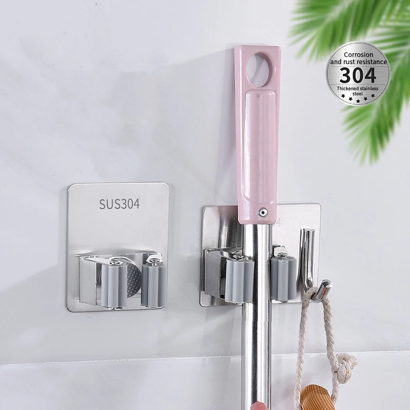 

Wall Mounted Stainless Steel Mop Brush Broom Holder Mops Storage Hanger With Hook Multifunctional Kitchen Bathroom Organizer