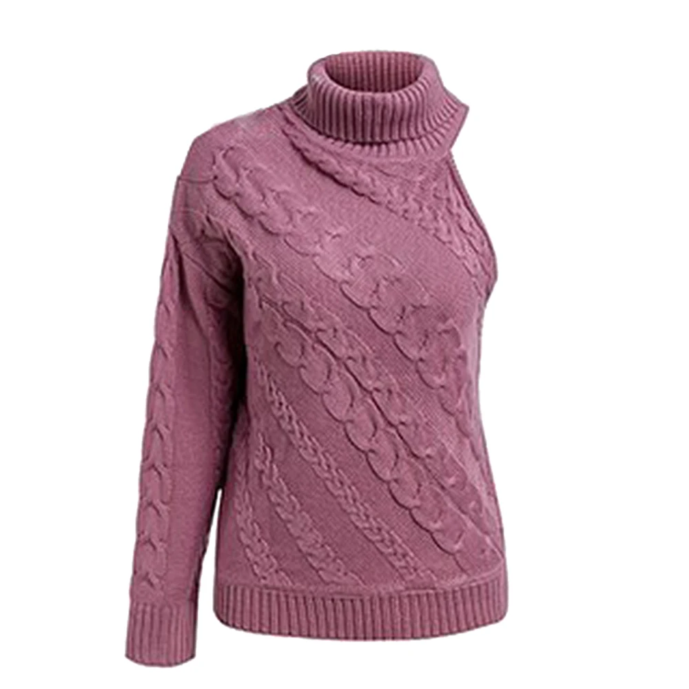 Женский вязаный свитер с открытым плечом однотонный пуловер высоким воротником