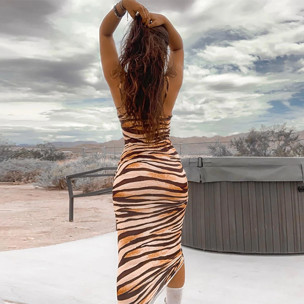 

Beach Spaghetti Strap 2020 Zebra-Stripe Women's Sexy Nightclub Dress Backless Sheath Female Midi Long Dress Fashion