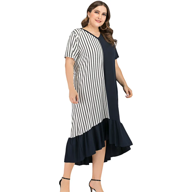 

White Navy Blue Striped Dress Ruffles Women's Summer Long Dress Plus Size Women Loose Lanon Straight Natural Factors Midi Dress