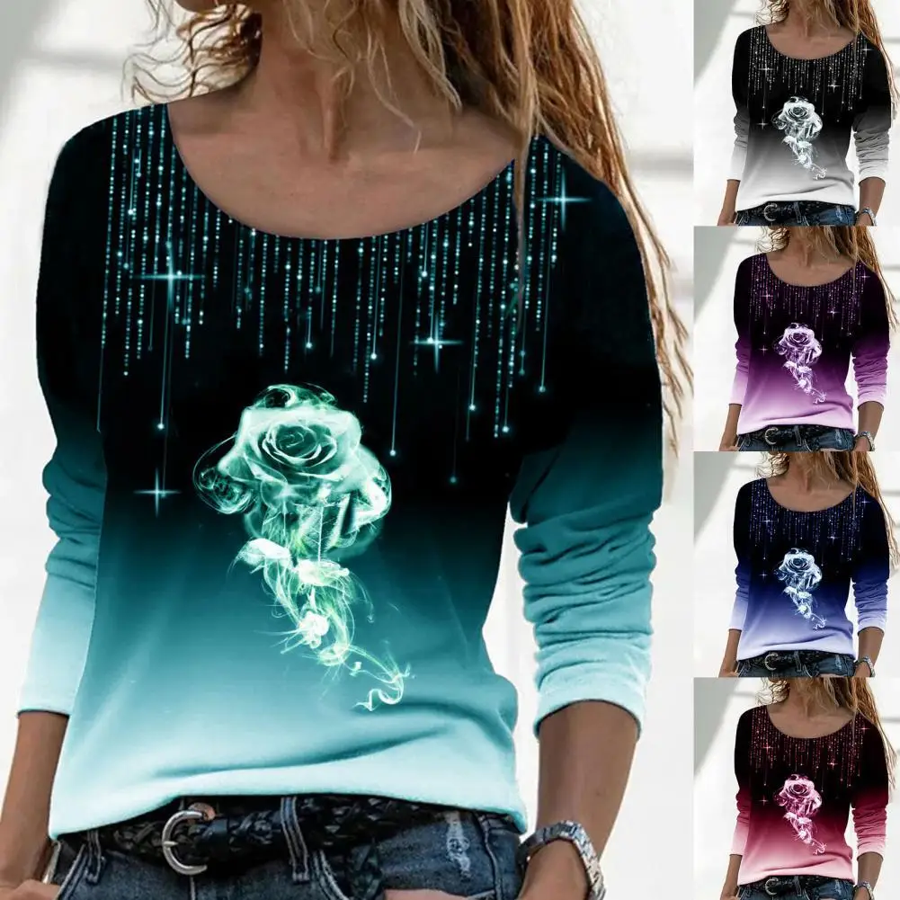 

Модный пуловер, топ с круглым вырезом, легкий топ с градиентным цветом и принтом розы, женская блузка, женская блузка