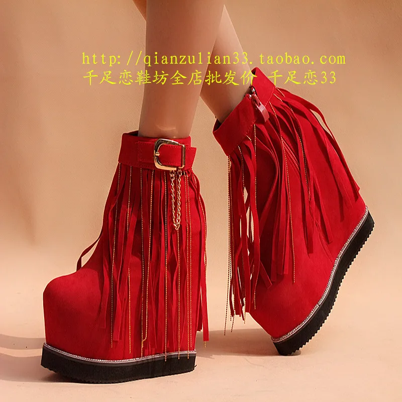 Autumn and winter fringed boots inside thickening 15 cm ultra high heel Women's in the tube muffin bottom female snow boot | Обувь