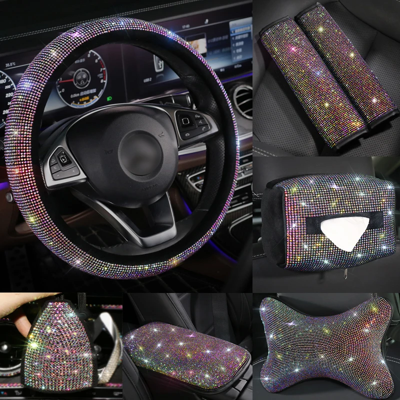 Fashion interior car accessories women rhinestone headrest armrest cover shoulder pad steering wheel cover fuzzy crystal kit