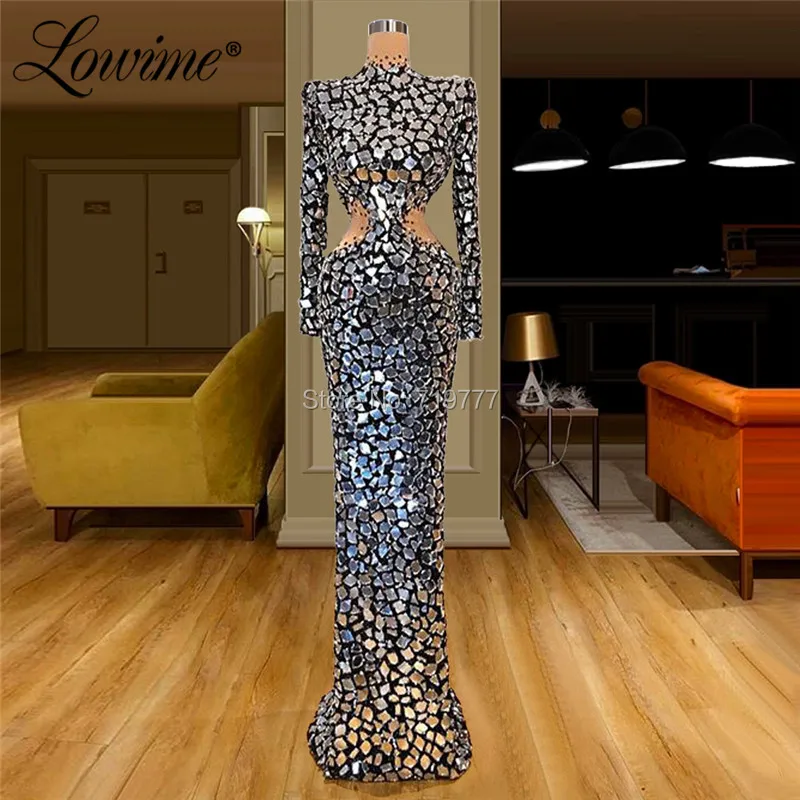 Special Design Crystals Long Sleeves Evening Dress Mermaid Bling Beaded Formal Dubai Arabic Party Gown 2020 Celebrity Prom Gowns