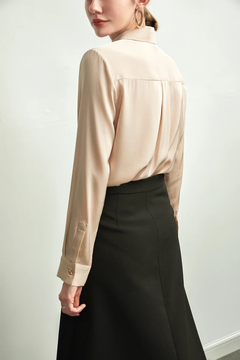 

92% Silk 8% Spandex Women's Shirt Turn Down Collar Long Sleeves Front Pockets Fashion Office Lady Blouse Camisa Tops