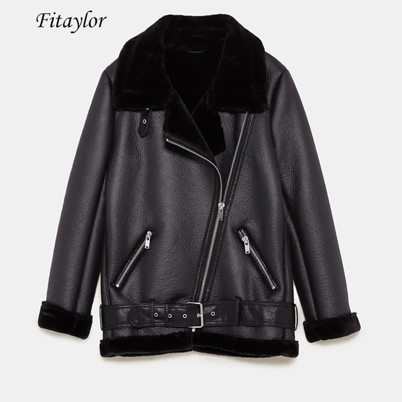 

Fitaylor Women Winter Faux Lamb Leather Jacket Turndown Collar Warm Thick Faux Leather Lambs Wool Fur Collar Suede Jacket Coats