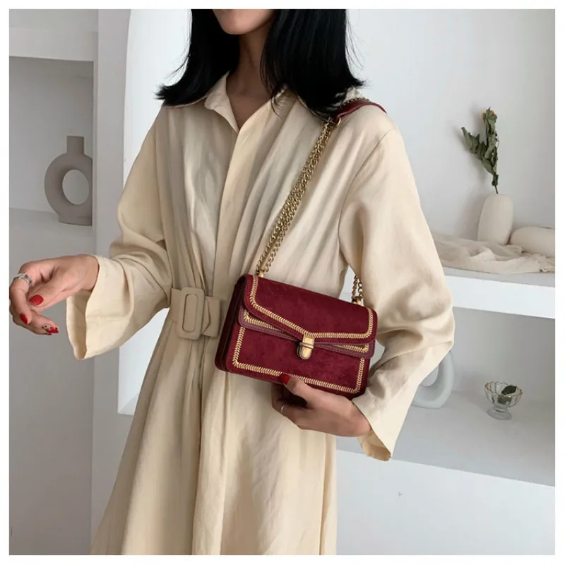 Модные сумки-мессенджер на ремне с цепочками Женские однотонные кашемировые