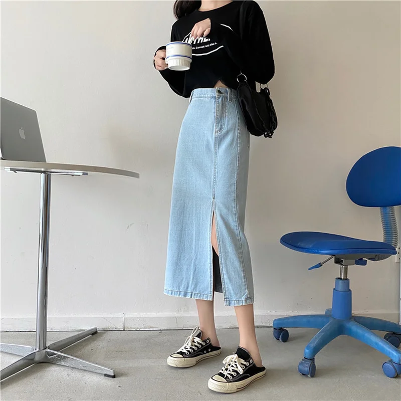 

High Waist Split Denim Skirt Women'S Fashion Retro Slim Skirt Woman Daily Casual Solid Mid-Length Skirts Female Han Feng 2021