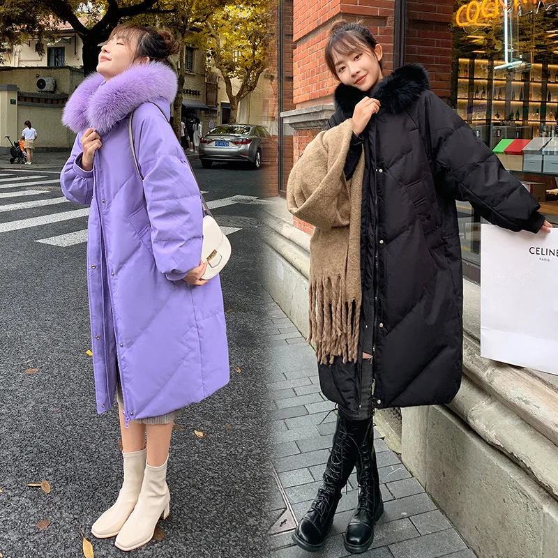 2022 Autumn Winter New Women Warm Fur Collar Hooded Jackets Fashion Plus Size Long Cotton Parka Coat Female Casual Loose Outwear