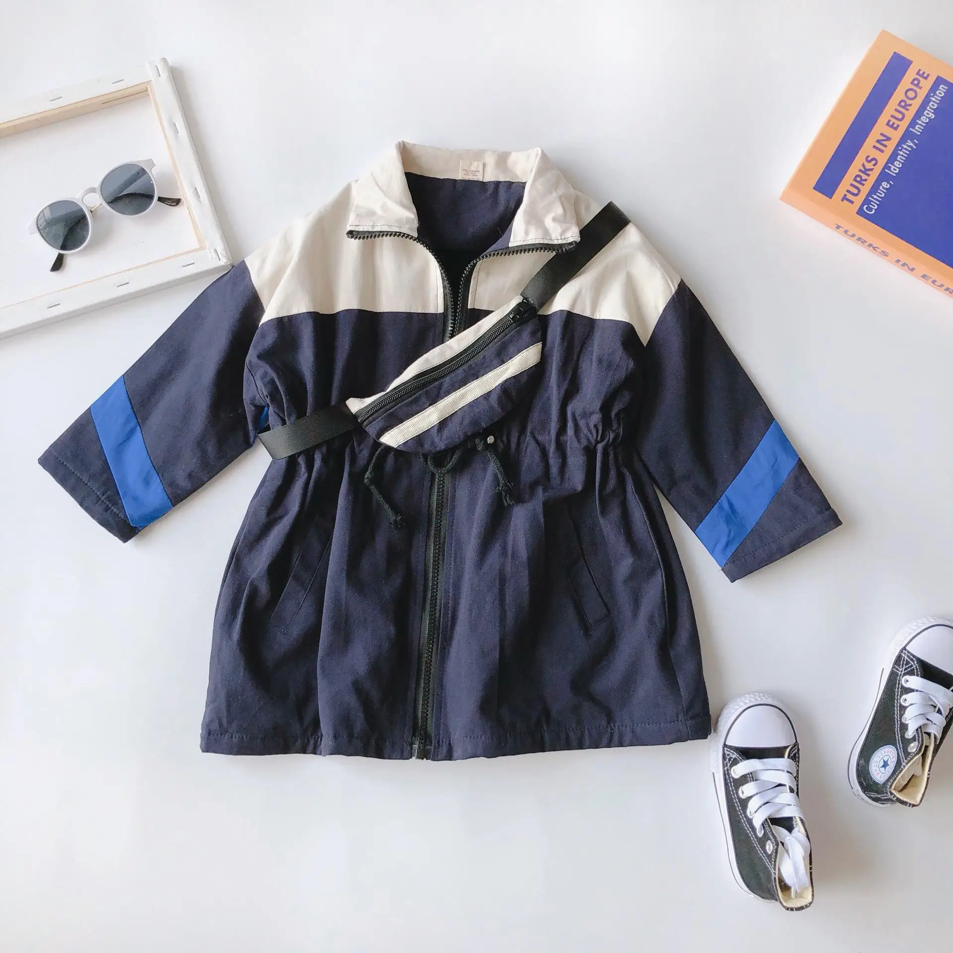 Winter New Arrival Korean style matching colors thickened fashion long windbreak coat with bag for sweet baby girls - Цвет: navy blue