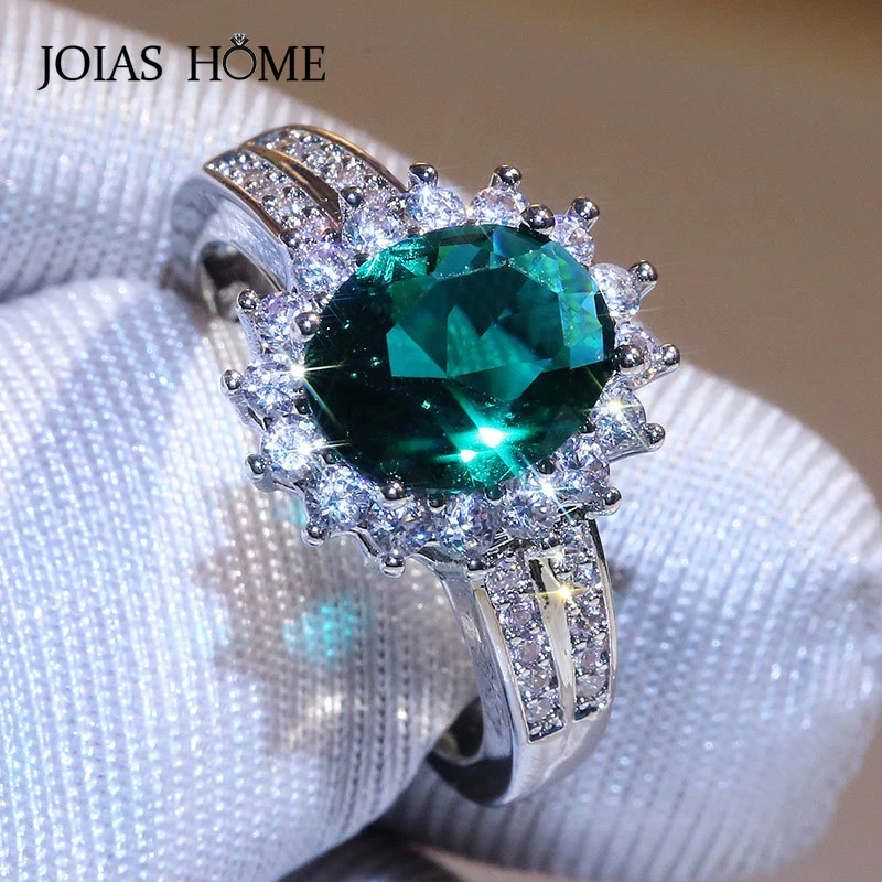 

Joiashome classic 925 Sterling Silver Ring with 8*10MM oval shape emerald Rings Jewellery for Women Wedding promise Party gifts