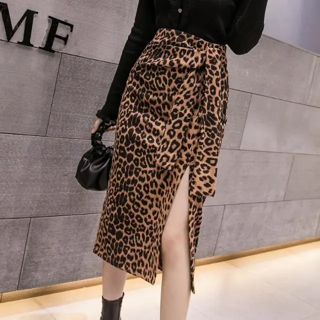 

Leopard A- line Dress Women's Autumn and Winter Split Skirt Long High Waist Skirt Woman Skirts Mujer Faldas Saias Mulher