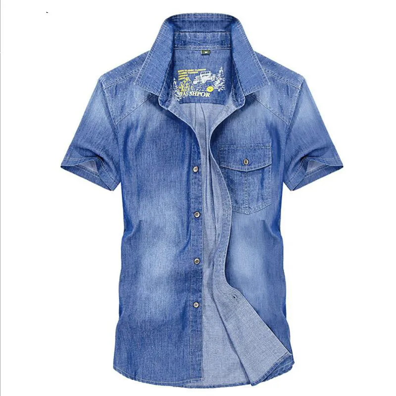 

Мужская джинсовая рубашка с коротким рукавом, хлопковая рубашка для фитнеса размера плюс 4XL, рубашка в ковбойском стиле