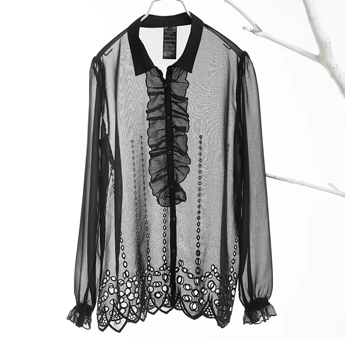 

Lotus Women Shirt Leaf Decoration Neckline Long Sleeve Perspective Chiffon Shirt Lace Edge Sunscreen Spring and Summer