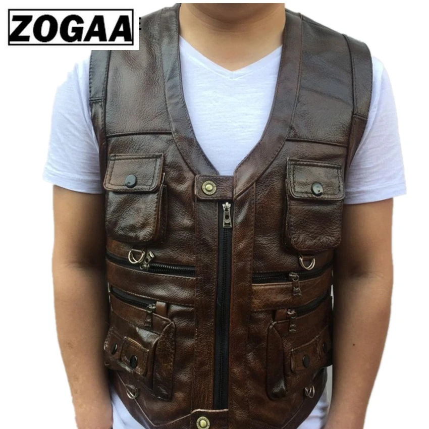 ZOGAA жилет мужской кожаный из натуральной кожи мотоциклетный с множеством