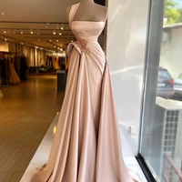 one shoulder satin a line evening dress side split ruched beading prom gowns sequins sexy party dress