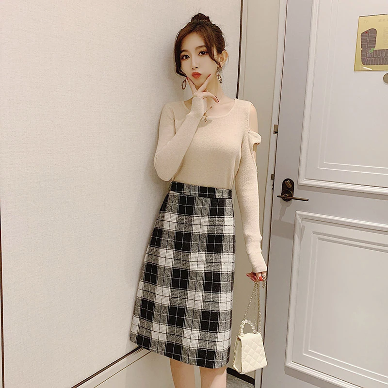 

Autumn Winter Women Skirts 2020 New Vintage Elegant A Line Slim Fit Plaid Skirts Casual High Waist Knee Length Skirt Women