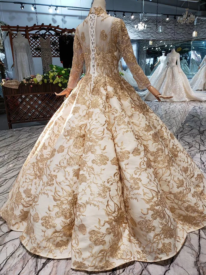 BGW 3428ht Golden Muslim Evening Dress Floor Length High-neck Full Sleeve Tassel Lace Up Back Party Dress 2020 Swollen Avondjurk