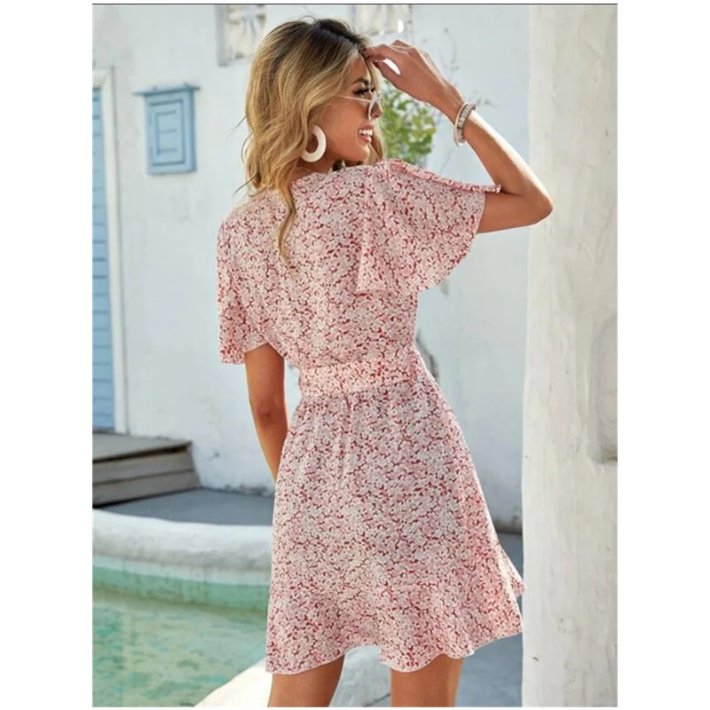

WEPBEL Women Summer Fashion Floral Print Mini Dress Ladies Elegant Short Sleeve V Neck Lace Up Ruffle Dress