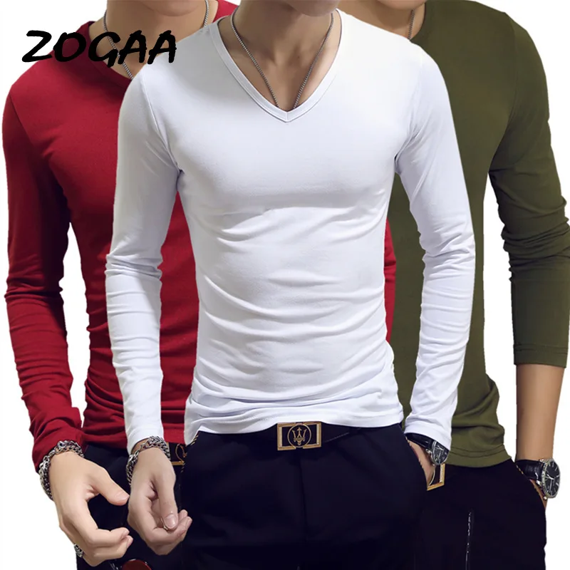 

2020 Elastic Mens T-Shirt V-Neck Long Sleeve Men T Shirt For Male Lycra And Cotton T-Shirts Man Clothing TShirt Brand Tees