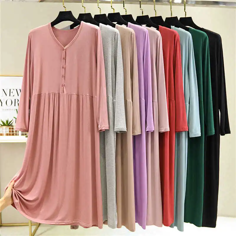 

Spring Autumn Sleepwear For Women V-Neck Modal Nightdress Long Sleeve Plus Size Nightgown Comfortable Loose Nightshirt Female
