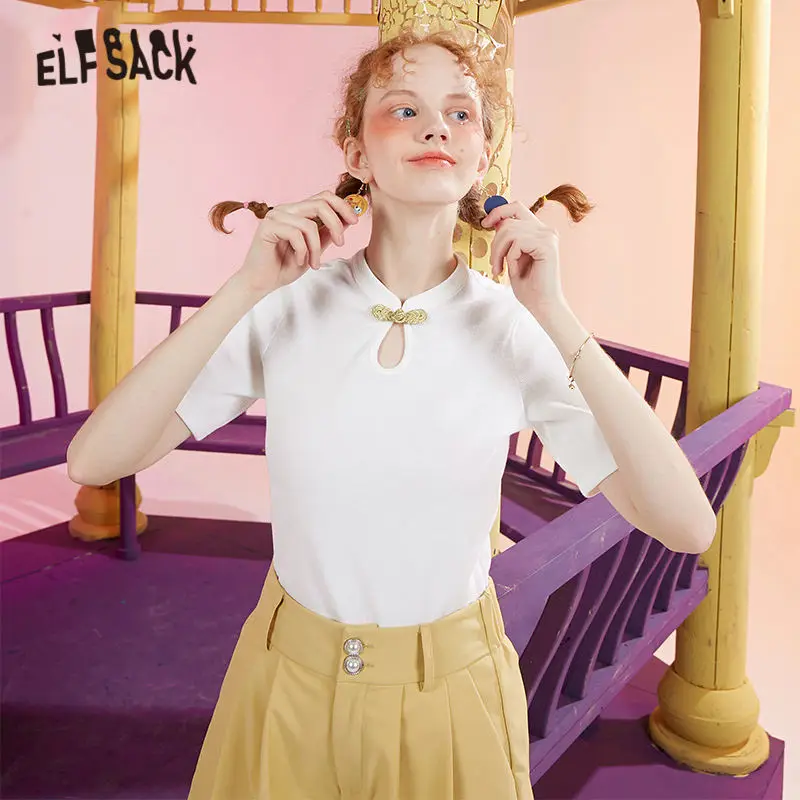 Женская Однотонная футболка ELFSACK белая Повседневная в китайском стиле с пряжкой