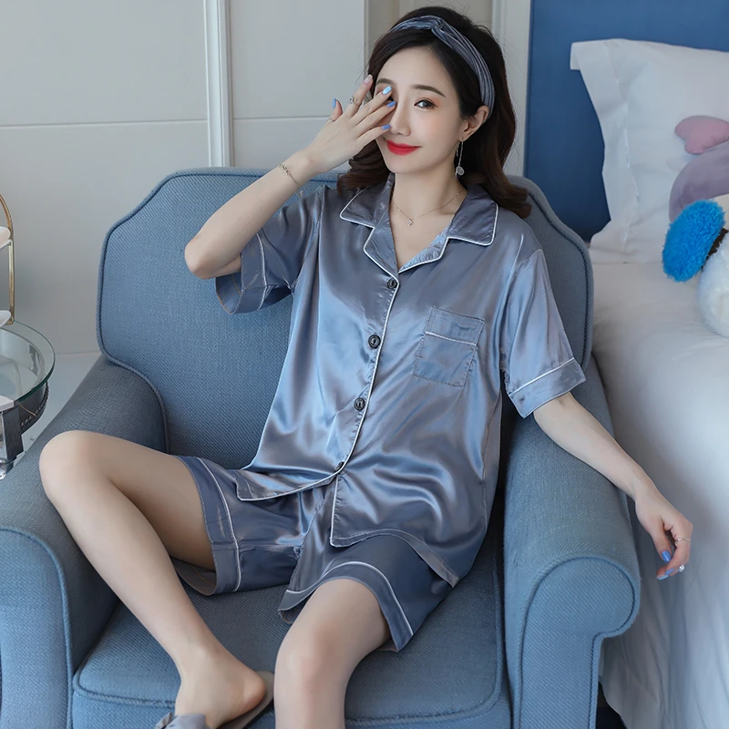 

Womens Silk Satin Pajamas Pyjamas Set short Sleeve Sleepwear Pijama Pajamas Suit Female Sleep Two Piece Set Loungewear Plus Size