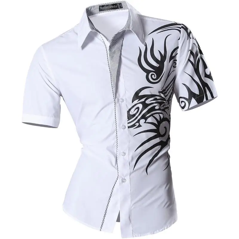 JZS058-White Sportrendy, мужские рубашки, повседневные, модные, короткий рукав, летние, облегающие, с драконом, стильные, с принтом таттон, JZS056 - Цвет: JZS058-White