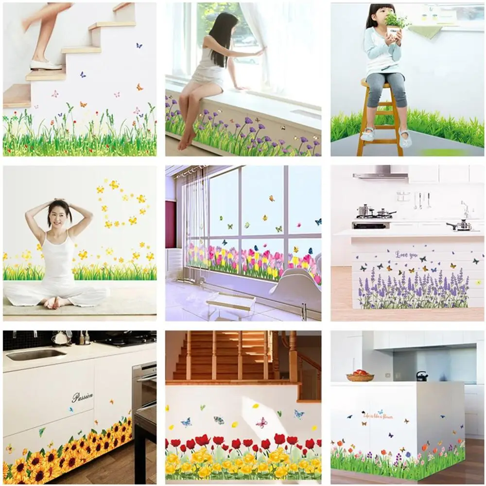 Цветочная трава плинтус Настенная Наклейка угловая линия Плинтус наклейки