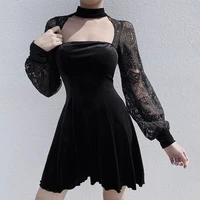 black dress women gothic lantern long sleeve lace velvet patchwork dress 2022 new fashion club party casual dark dress female
