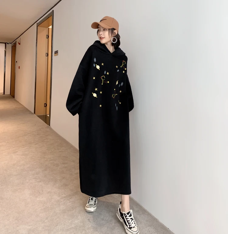 Black Starry Sky Embroidery Hooded Dresses Women Long Sleeve Casual Loose Dress Autumn Winter Warm Side Split Midi Dress