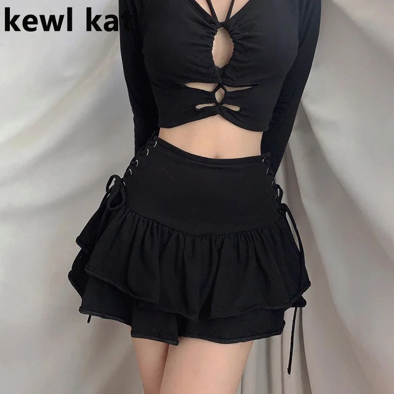 

Sexy Goth Black Double-layer Pleated Skirt Vintage Ruffle Mini Skirts Y2K High Waist Bandage Lace Up Skirts Harajuku Streetwear