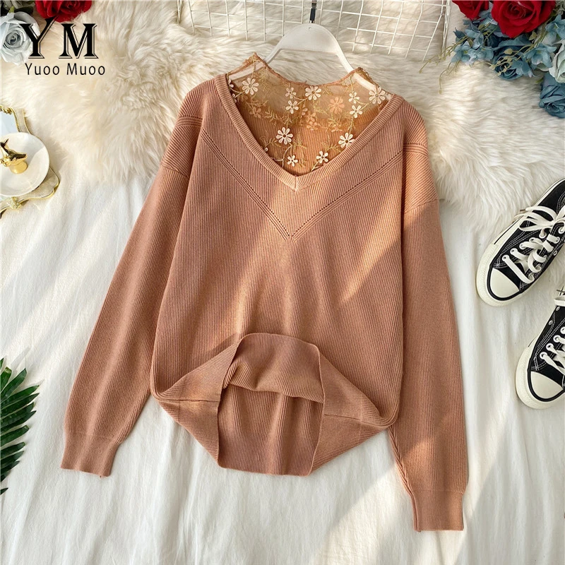 YuooMuoo хорошее качество кружевной вязаный свитер с v образным вырезом женский