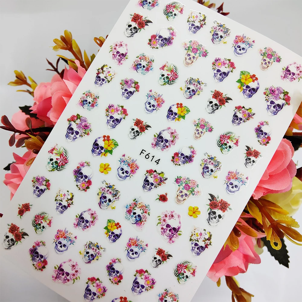 

Halloween Nail Art Sticker Foil 3D Skull Head Rose Flowers Nail Decoraciones Sliders Self Adhesive Design Manicure Accesorios