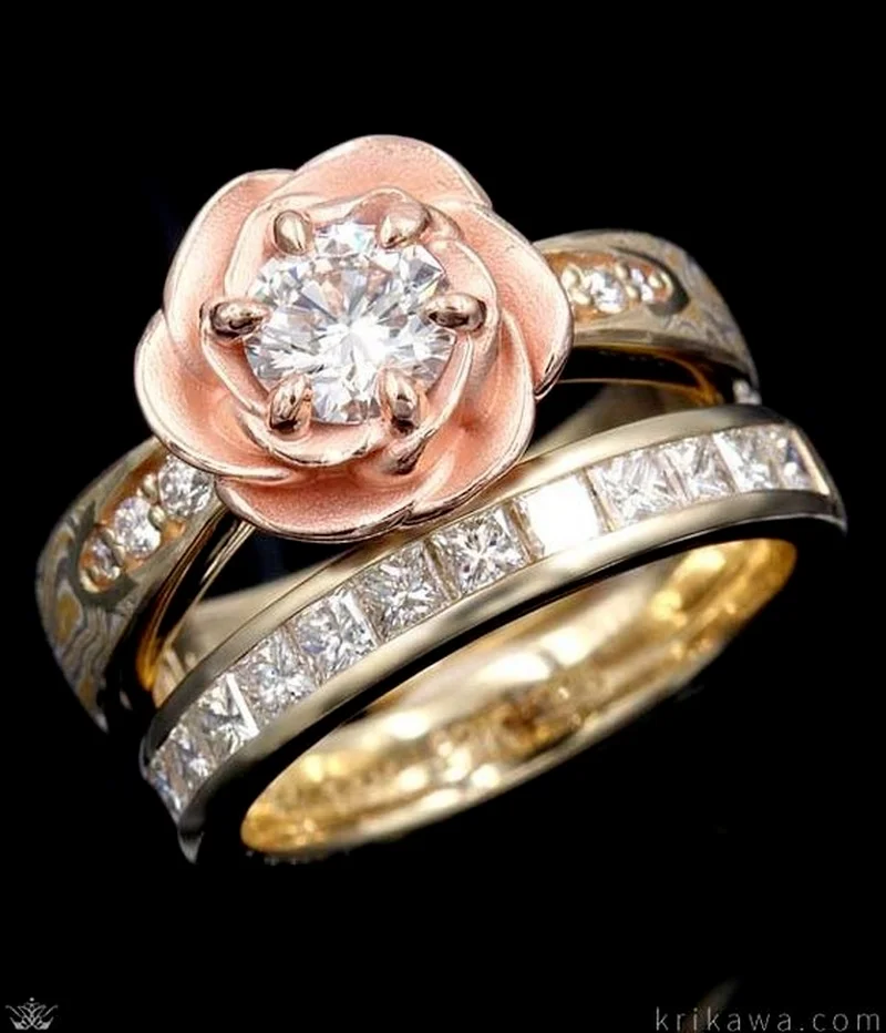 

2023 Cute Rose Gem Two-Color Engagement Wedding Female Ring Set Anillos Mujer Woman Rings Korean Fashion Gothic Accessories