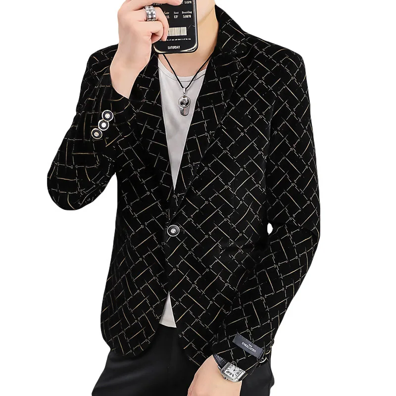 Мужской новый осенний вельветовый костюм HOO с принтом в клетку Молодежный