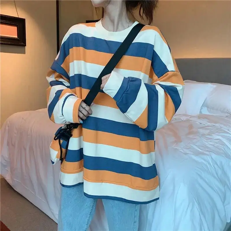 Women Sweetshirts Striped Autumn Korean Fashion Loose New L`ong-sleeved Shirt Harajuku Round Neck Pullover Y2k Kawaii Clothes