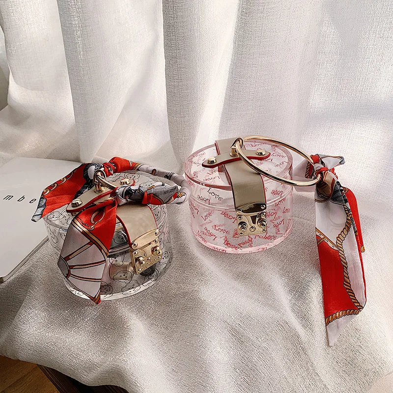 Fashion Transparent Plastic Gold Ring Scarf Top Handle Women Handbag Tote Bag Shoulder Bags Party Purse Clutch Evening Hanbag | Багаж и