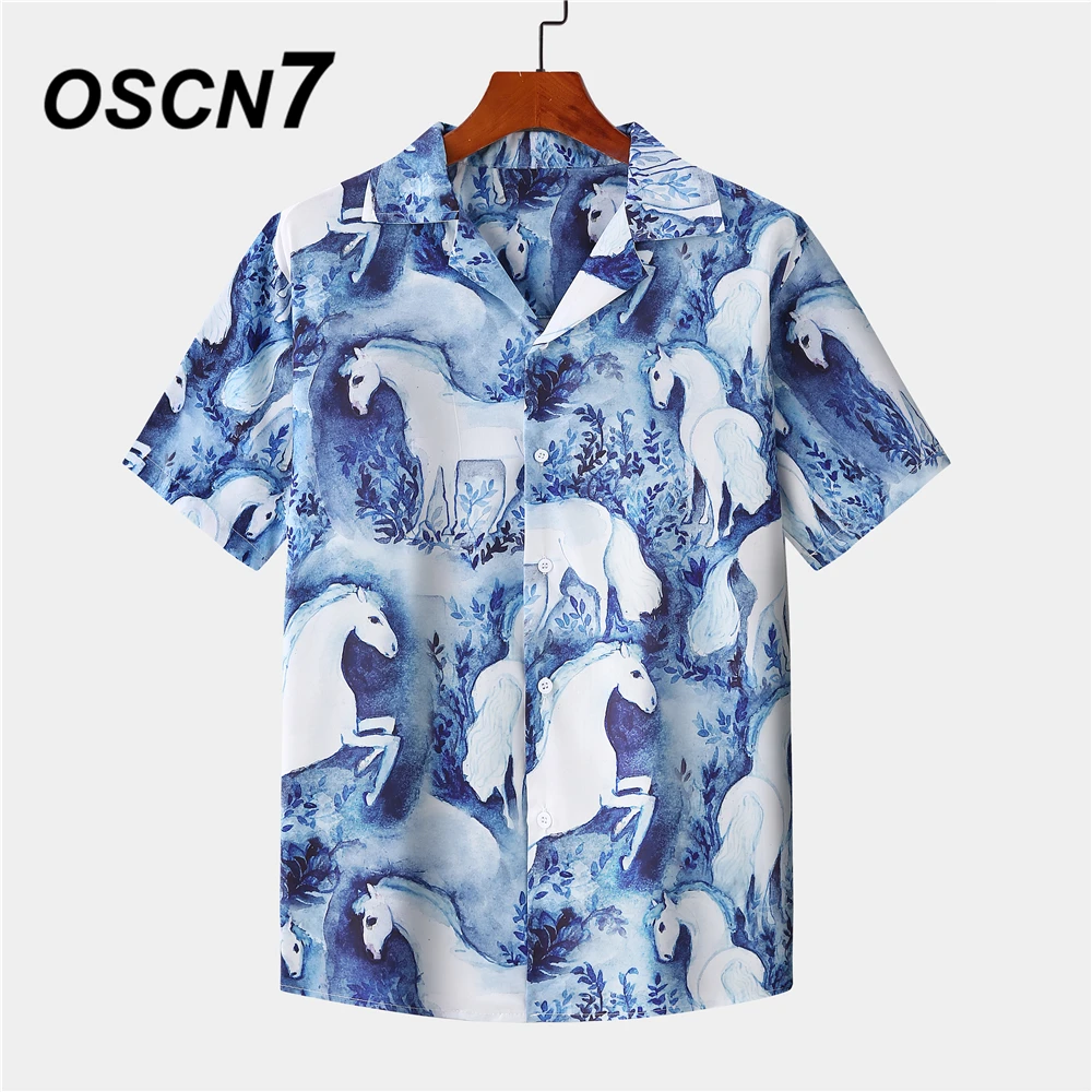 OSCN7 Повседневная Мужская Уличная рубашка с коротким рукавом и принтом 2021