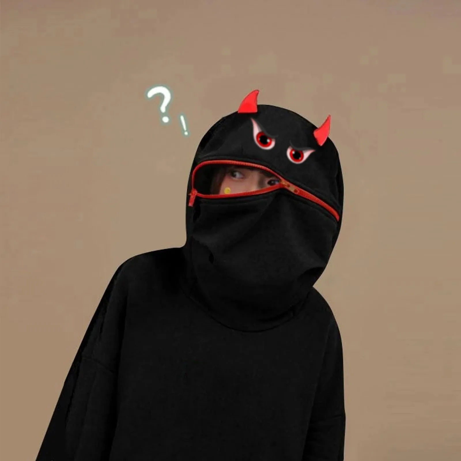 Women's Winter Parka 3D stitching cute little devil design pullover Solid sweatershirt WIth Big Pockets Oversized Pull épais | Женская